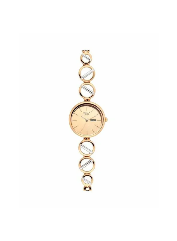 تيتان ساعة تايتن راجا فيفا كوارتز بعقارب مع عرض اليوم والتاريخ، مينا روز جولد وحزام معدني بلونين